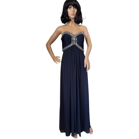 XSCAPE Navy Chiffon Jeweled Bodice Empire A-Line strapless Evening Gown 8 - Picture 3 of 16